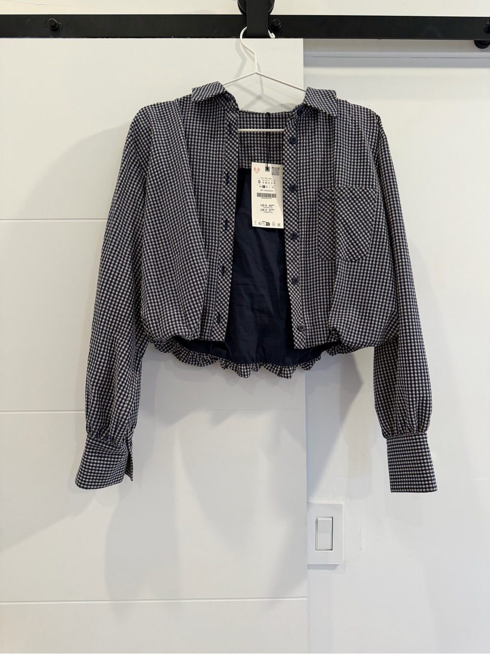 Zara Cropped Gingham Button-Up shirt - Navy/White